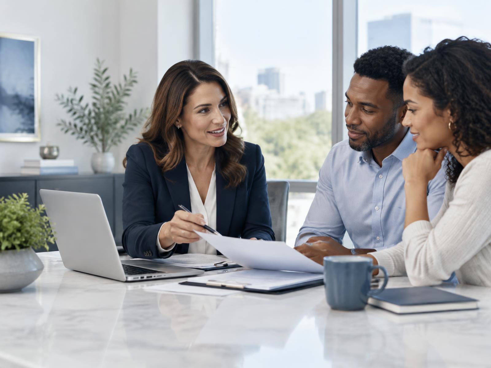 Tax professional consulting with a couple in a modern office